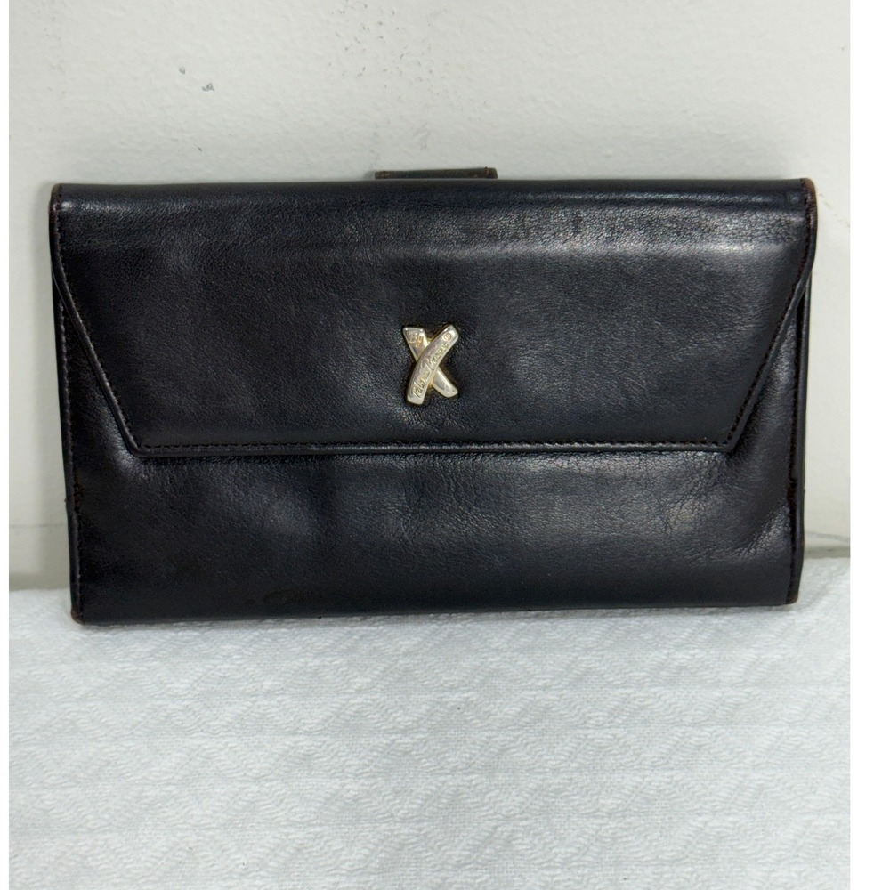 Paloma Picasso Vintage Blk Leather Continental Wallet Gold X Logo Made in Italy